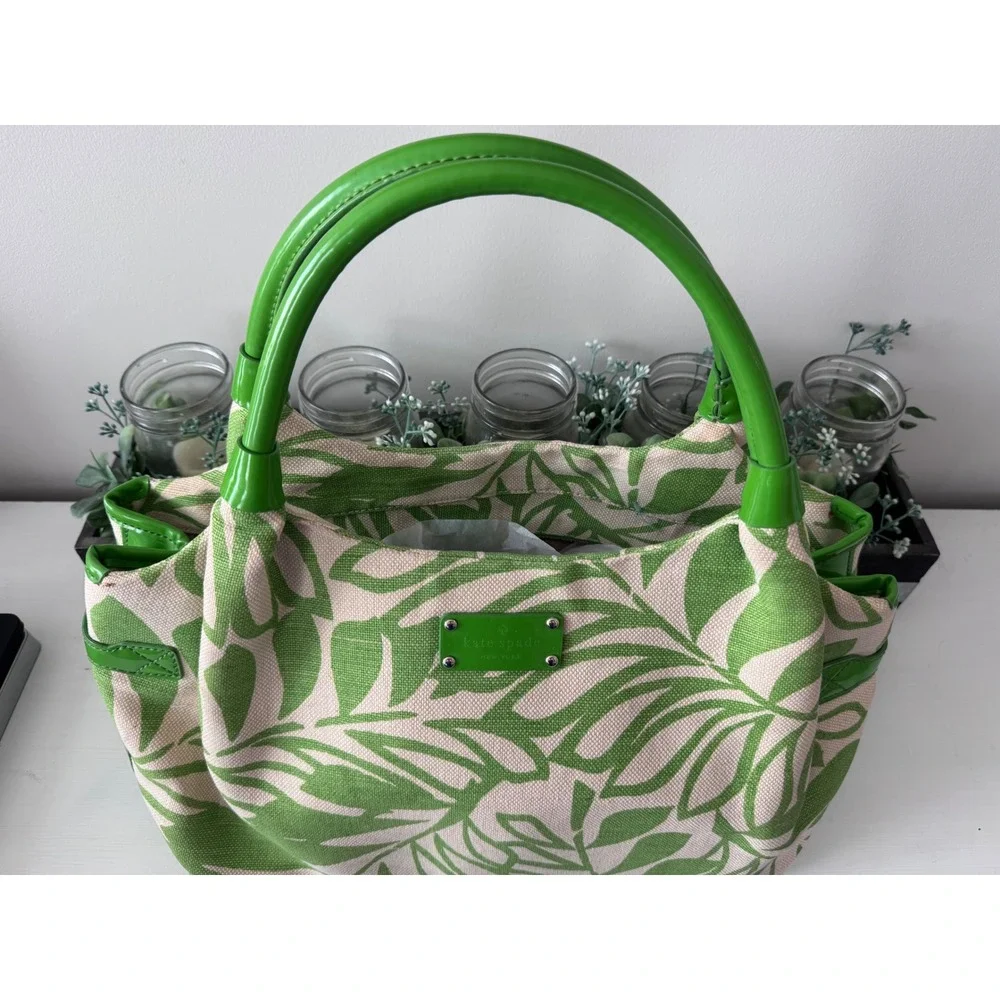Kate Spade Green Tropical Leaf Print Canvas Tote Bag Patent Leather Trim